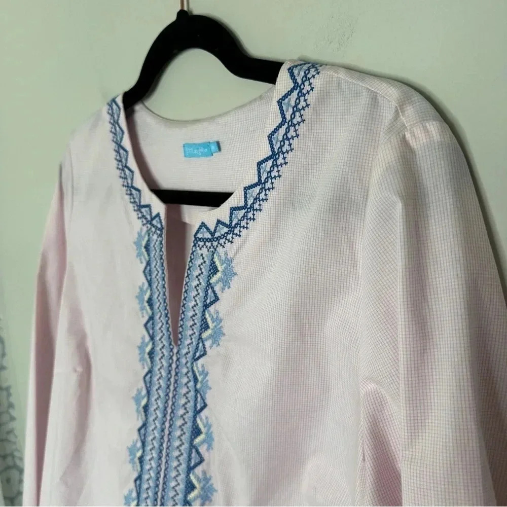 J McLaughlin Pink Cotton Embroidered Tunic Blouse‎ Top Size Medium Preppy Boho - Picture 12 of 14